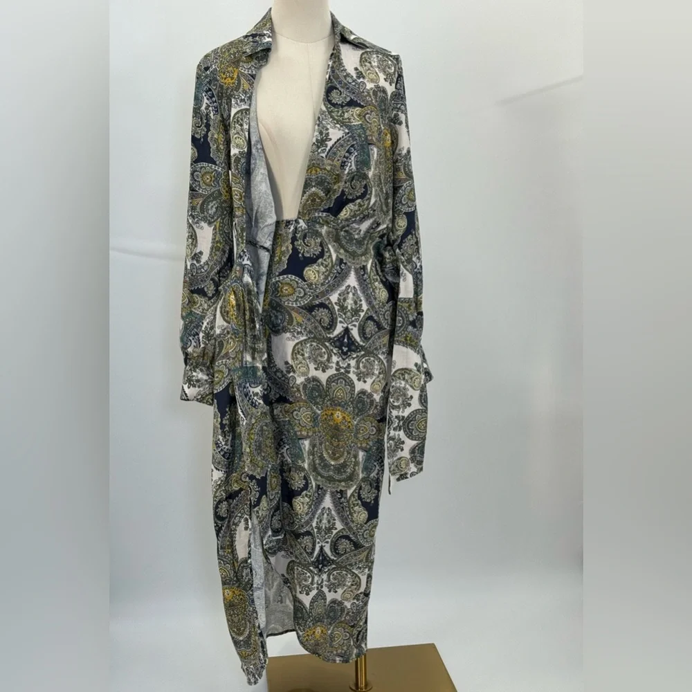 Magaschoni Sophisticated Paisley Belted Wrap Dress – Navy Gold Long Sleeve Midi - Picture 6 of 17